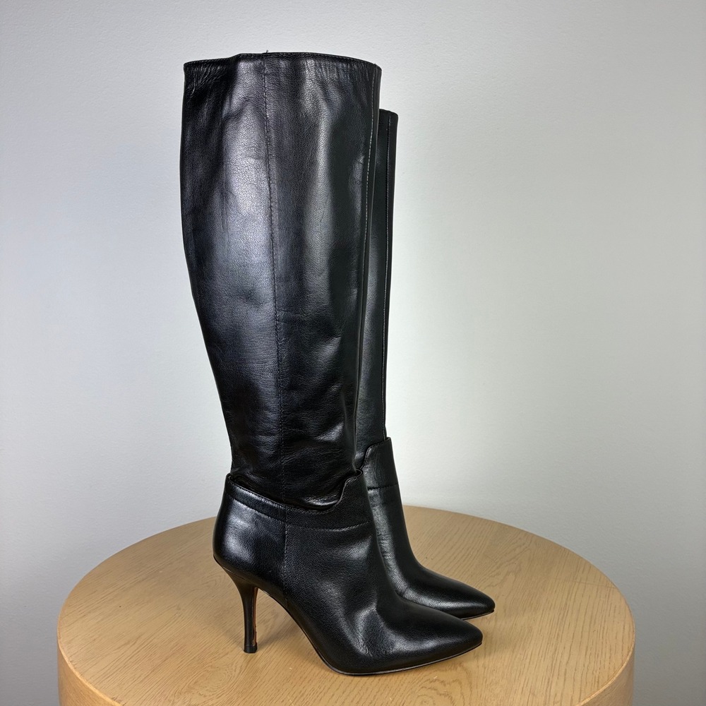 Nine West NWGETTA Leather Tall Pointed Toe Stiletto Boots Womens 6M Chic Glam